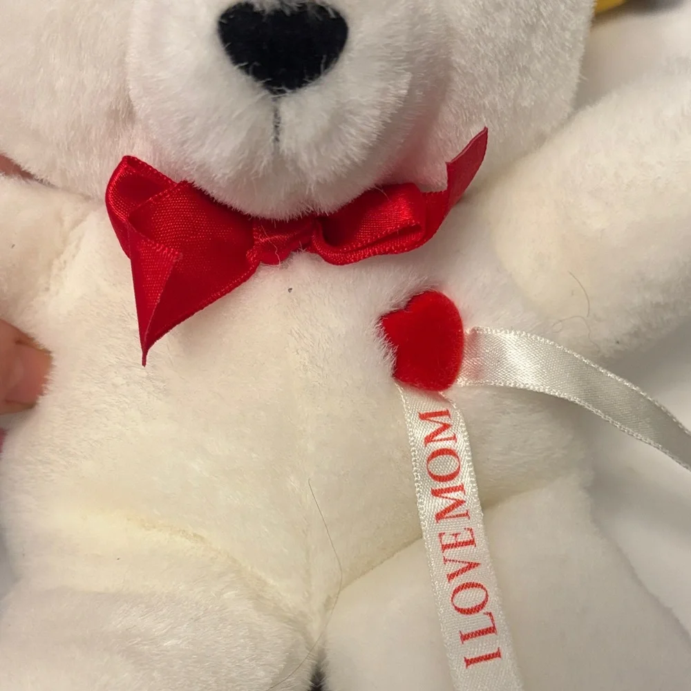 Adorable I LOVE MOM White Plush Bear with Red Bow
